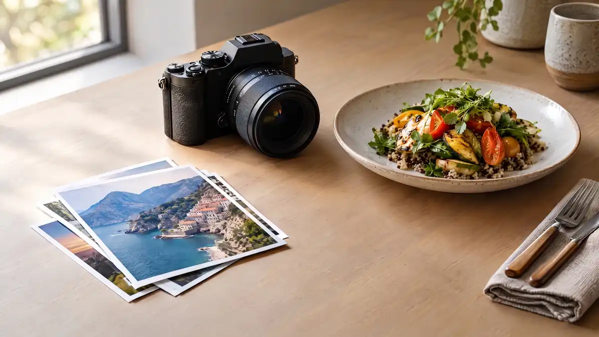 Unbranded mirrorless camera with functional dial markings beside travel photographs and a food dish