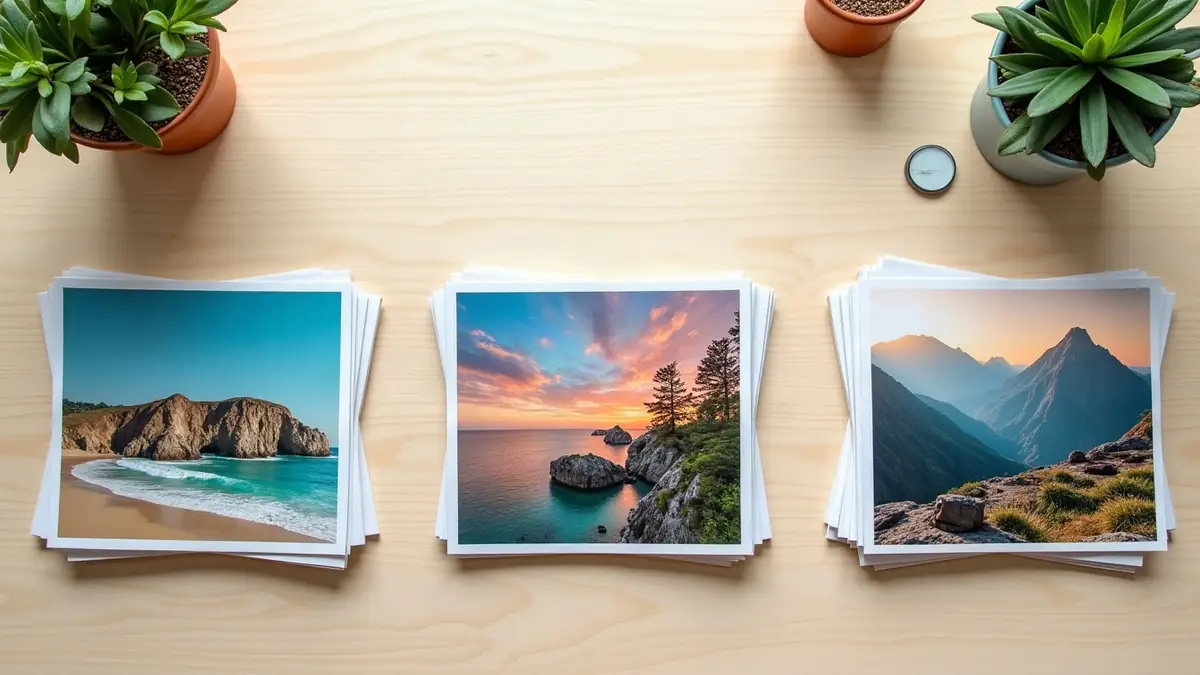 Three stacks of printed landscape photographs arranged side by side on a light wooden desk