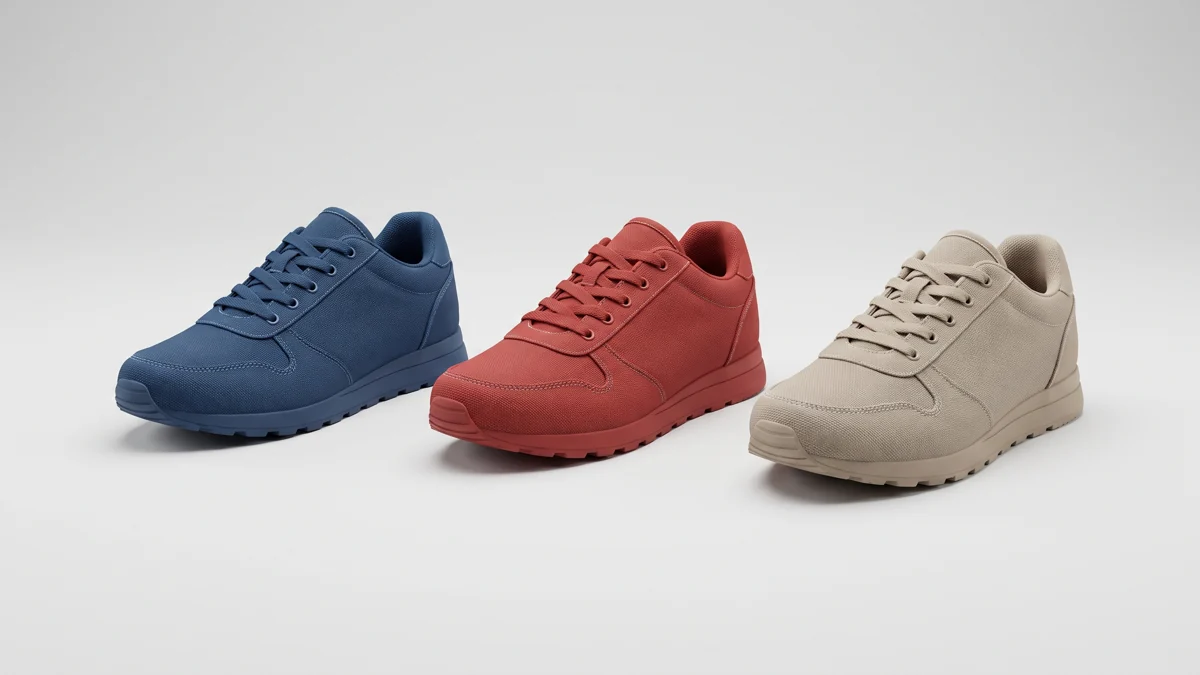 Three unbranded trainers in different colours arranged for consistent ecommerce product photography