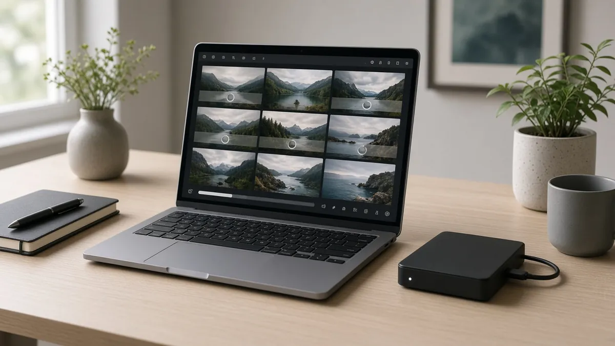 Laptop showing a WordPress media library grid beside a backup drive during bulk image optimization